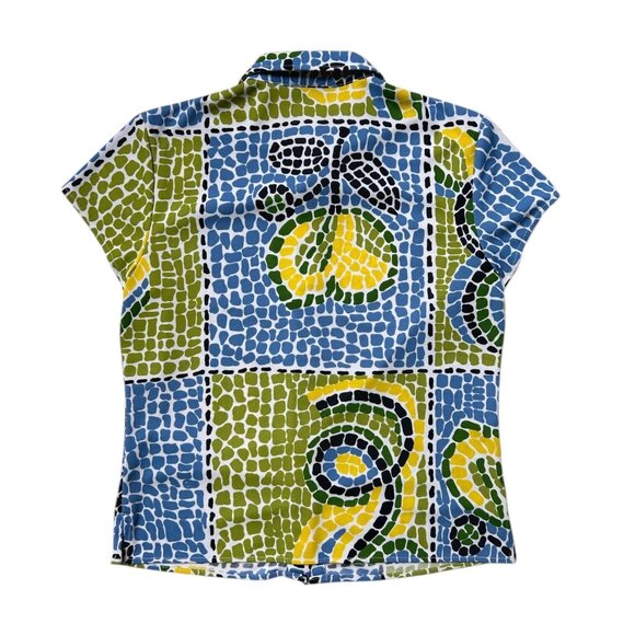 90s Y2K Vintage BCBG Lemon Mosaic Top Novelty Print Short Cap Sleeve Buttonup. - Picture 2 of 7